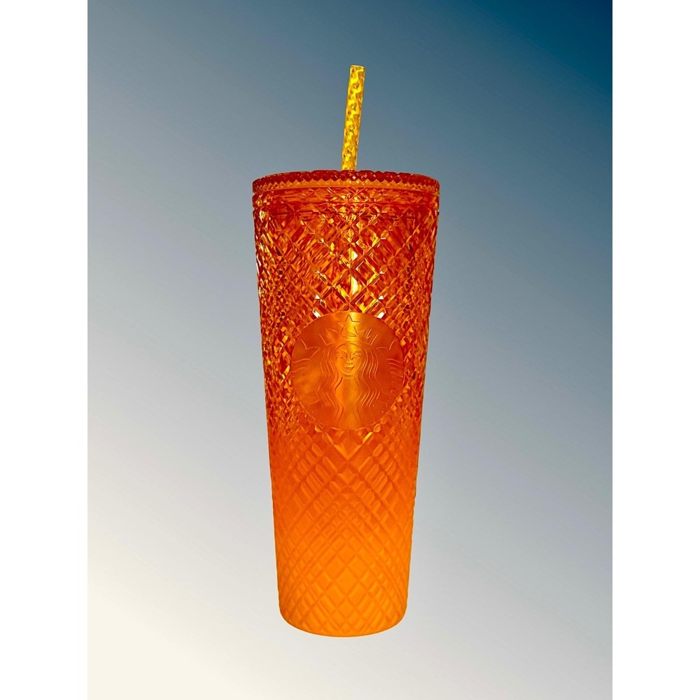 Starbucks Retired Orange Diamond Grid Venti Cold Cup Tumbler 24oz with Straw